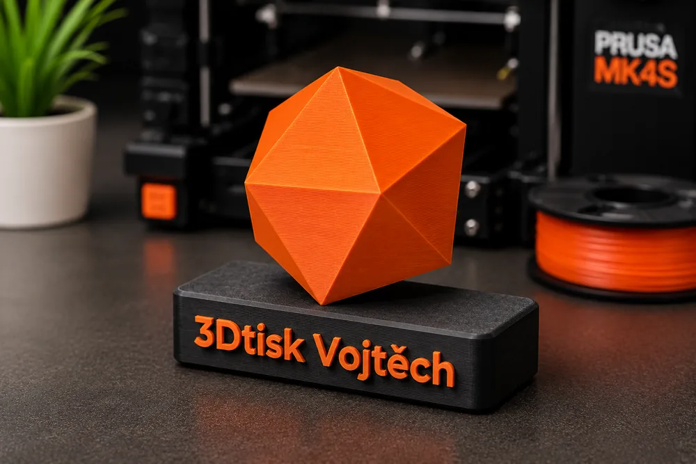 Firemní dárek z 3D tisku – ocenění s 3D logem na podstavci s nápisem 3Dtisk Vojtěch před 3D tiskárnou Prusa