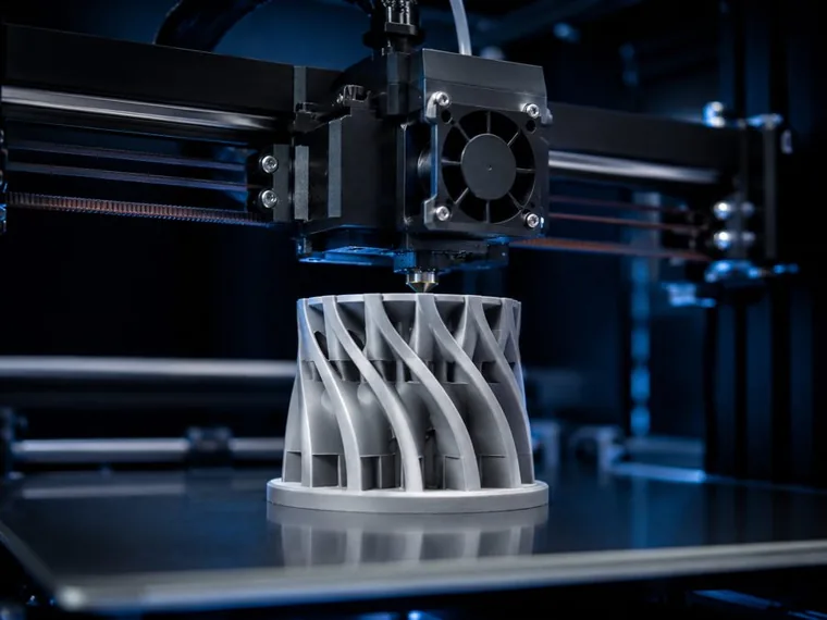 Detail FDM 3D tiskárny tisknoucí díl na zakázku