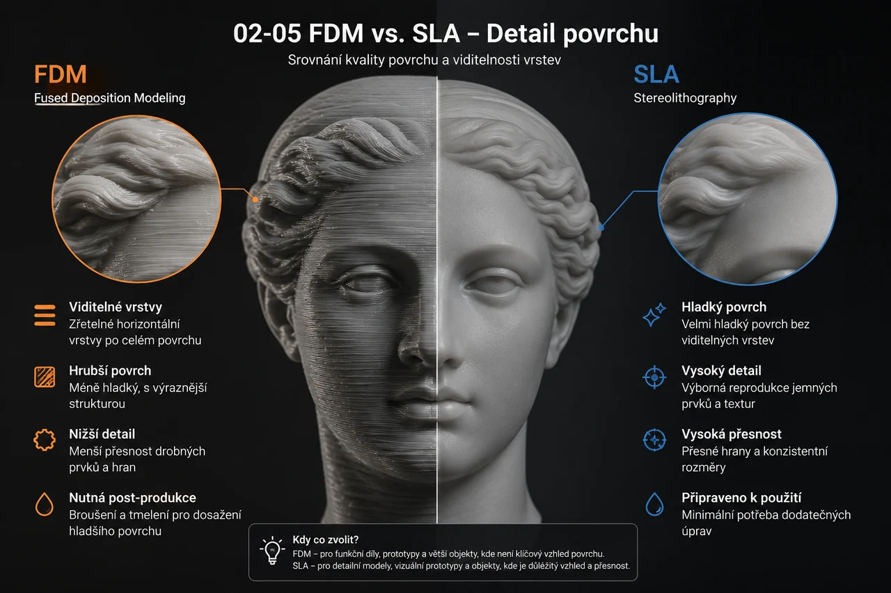 Srovnání FDM a SLA výtisku stejné figurky – detail povrchu